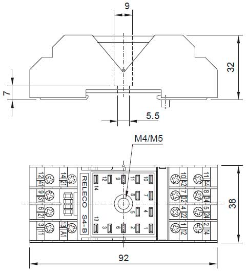 Габаритная схема розетки Releco S4-B для С4 реле