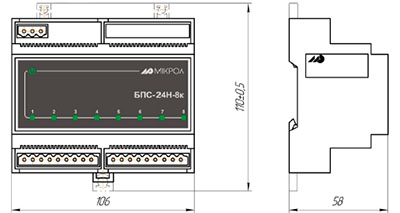 Рис.1. Габаритные и присоединительные размеры блока БПС-24Н-8к